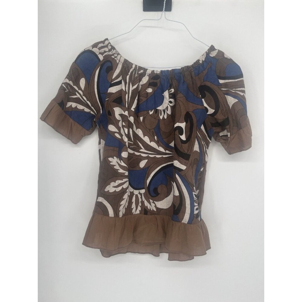 Terzo Millennio Linen‎ Blouse Top S Blue Brown Abstract Ruffle Boho